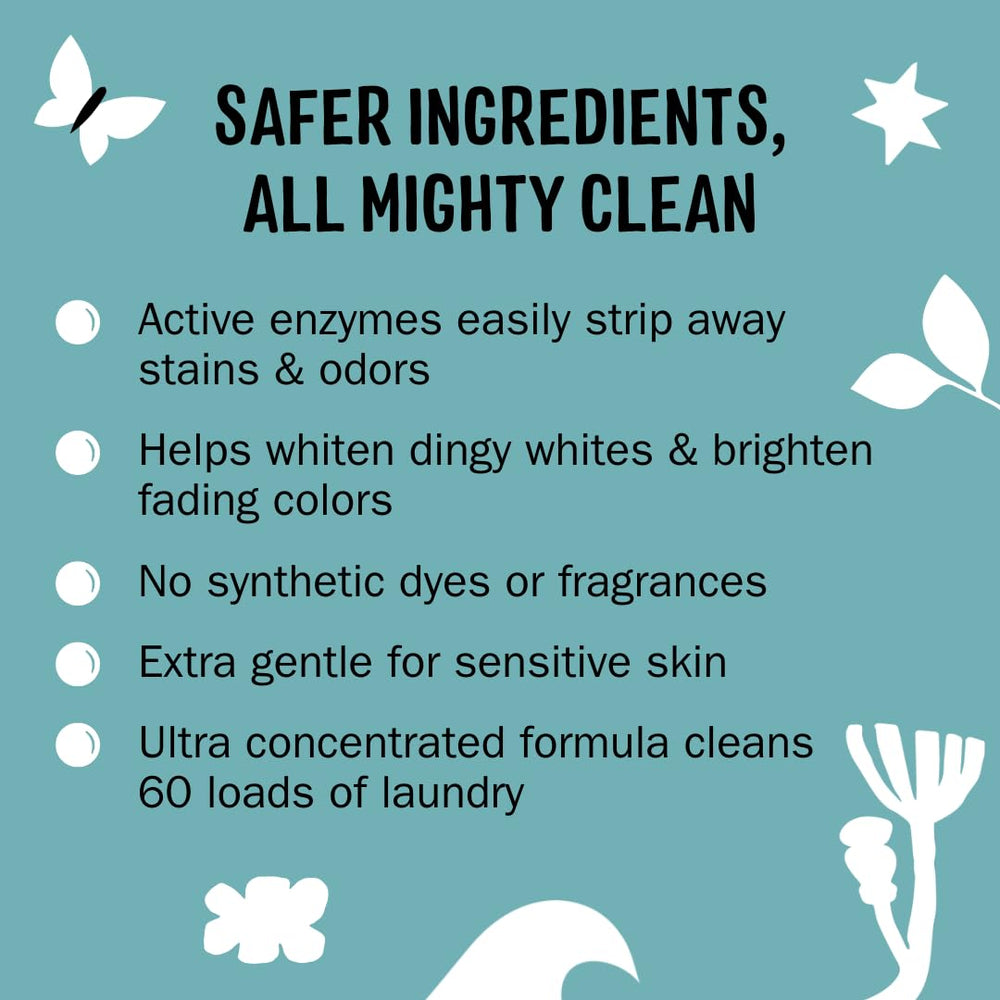 Molly's Suds Unscented Super Powder dispensing close-up emphasizing quick dissolving formula
