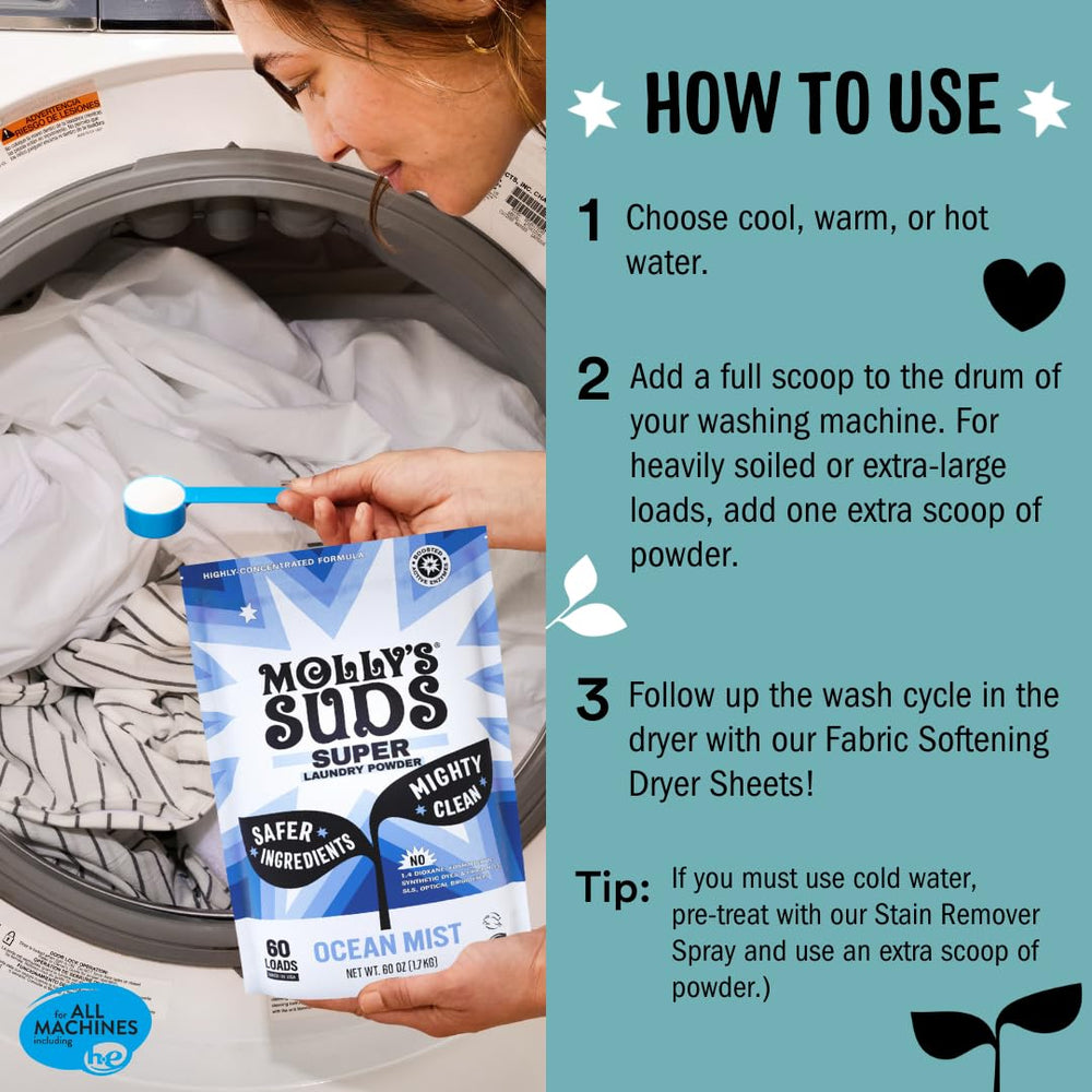 Molly's Suds Unscented Super Powder eco-packaging emphasizing cruelty-free USA-made promise