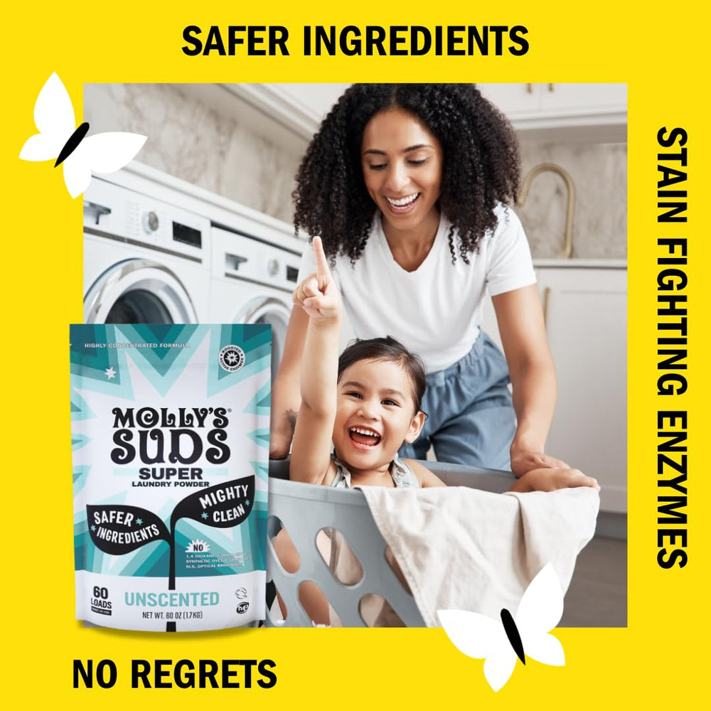 Molly's Suds Unscented Super Powder in-washer drawer highlighting HE machine compatibility