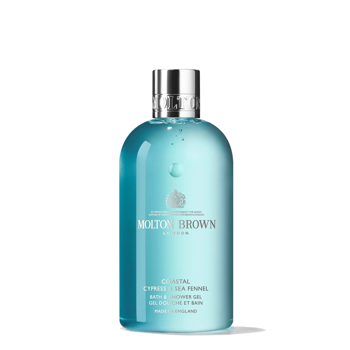 Molton Brown Coastal Cypress and Sea Fennel bottle close-up for a luxurious shower ritual.