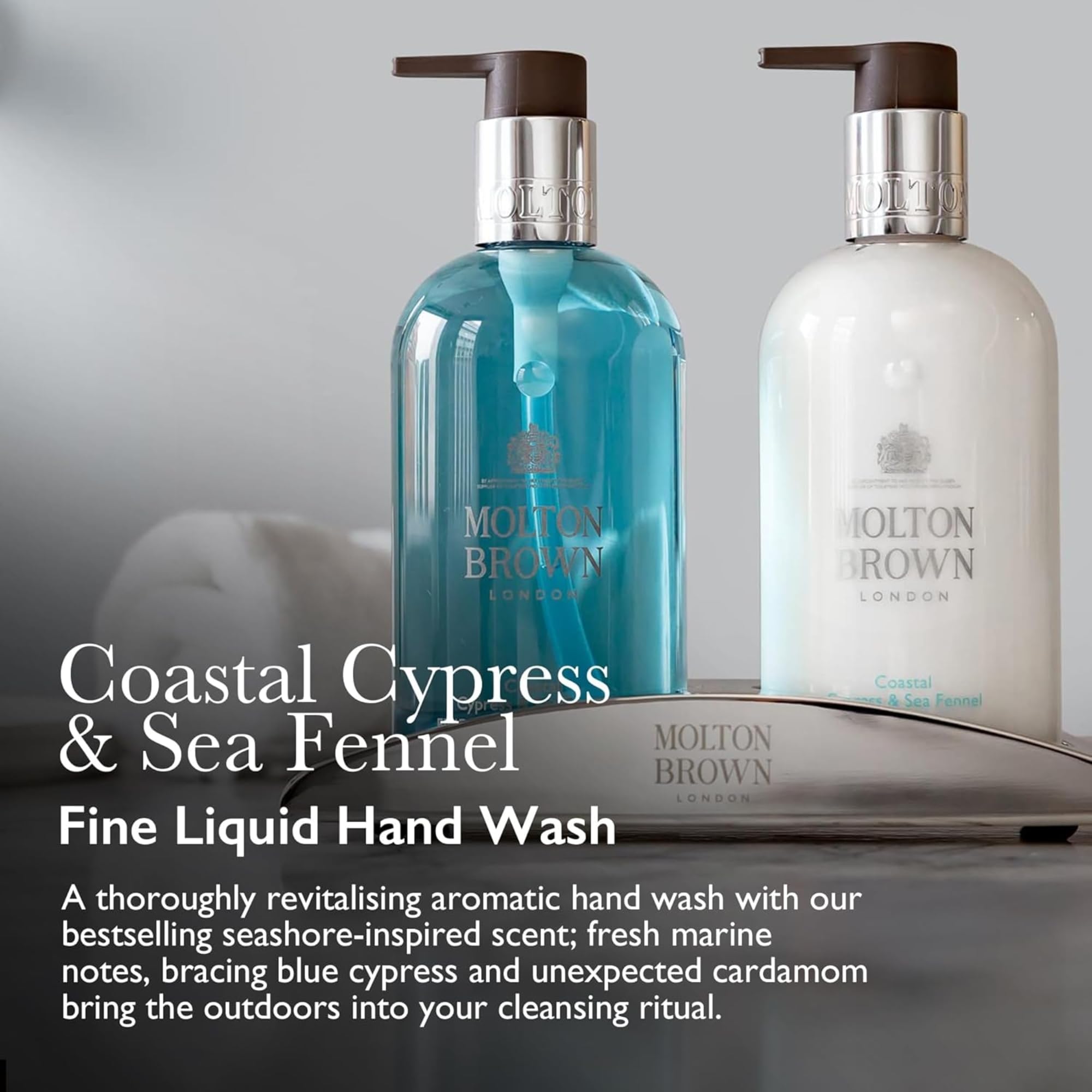 Molton Brown Coastal Cypress & Sea Fennel label closeup highlighting vegan formula.