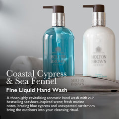 Molton Brown Coastal Cypress & Sea Fennel label closeup highlighting vegan formula.