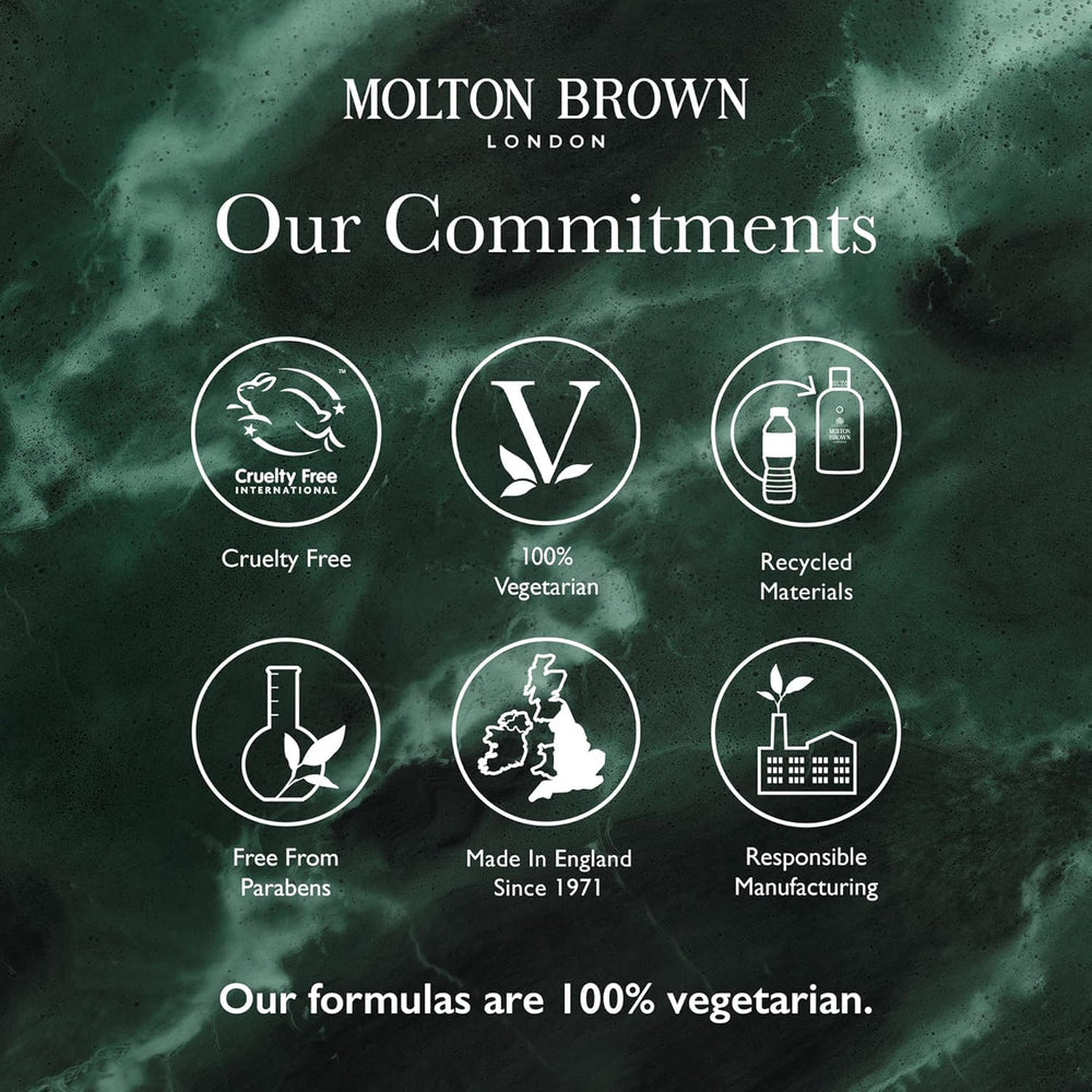 Molton Brown packaging highlights Made in England heritage.