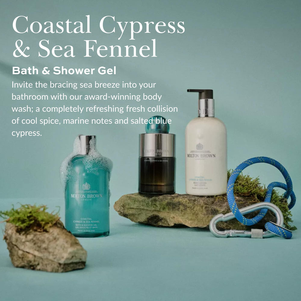 Molton Brown Coastal Cypress and Sea Fennel pump top view highlights packaging.