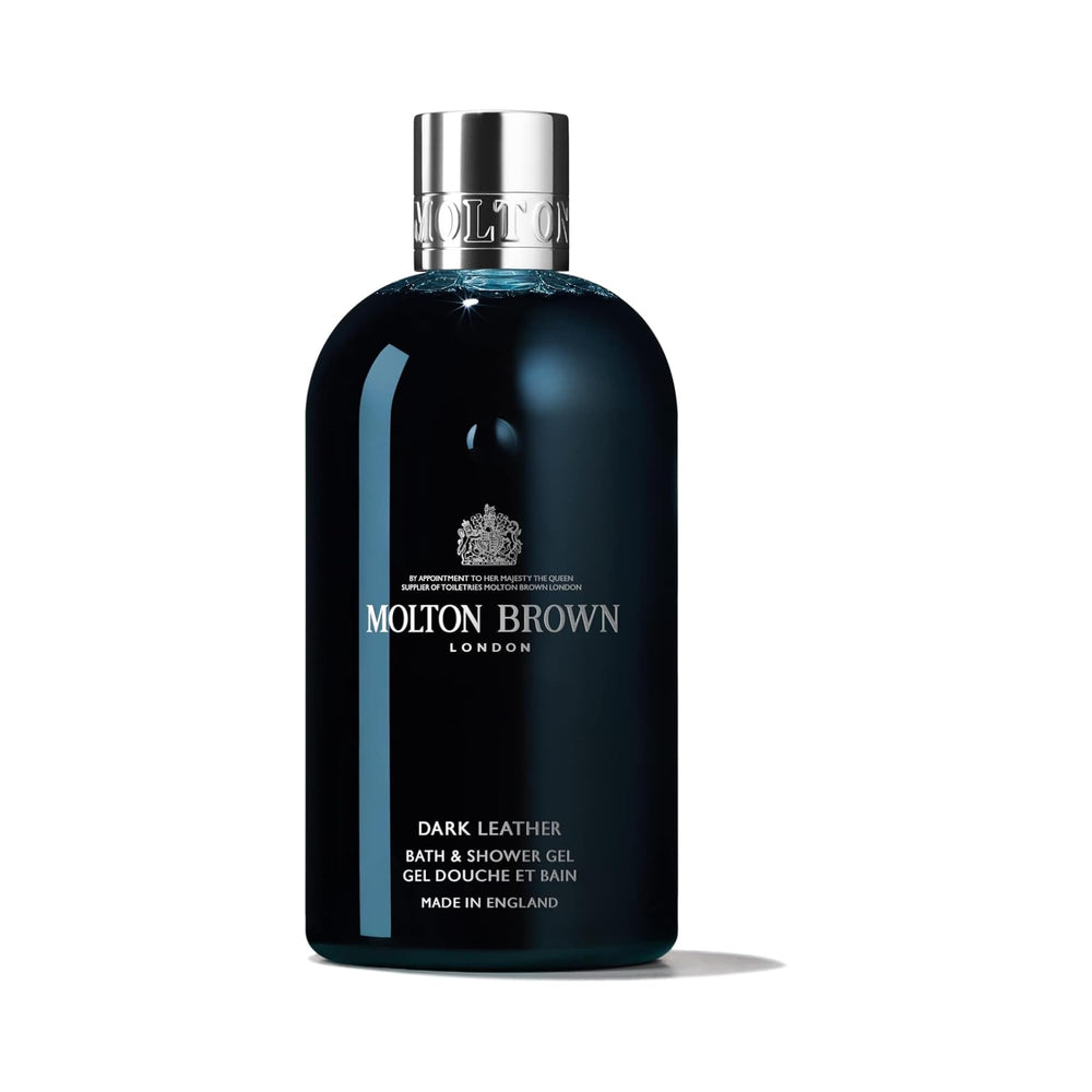 Molton Brown Dark Leather bottle front view showing premium cleansing with smoky scent
