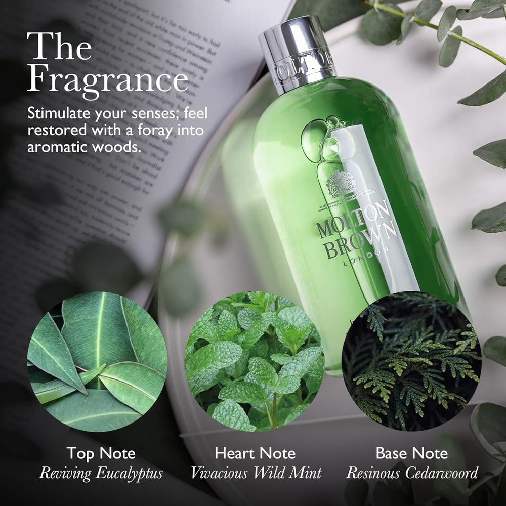 Molton Brown Infusing Eucalyptus Bath Wash lather highlights rich foam and aromatic notes.