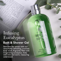 Molton Brown Infusing Eucalyptus Bath Wash pour captures readiness for a refreshing shower.