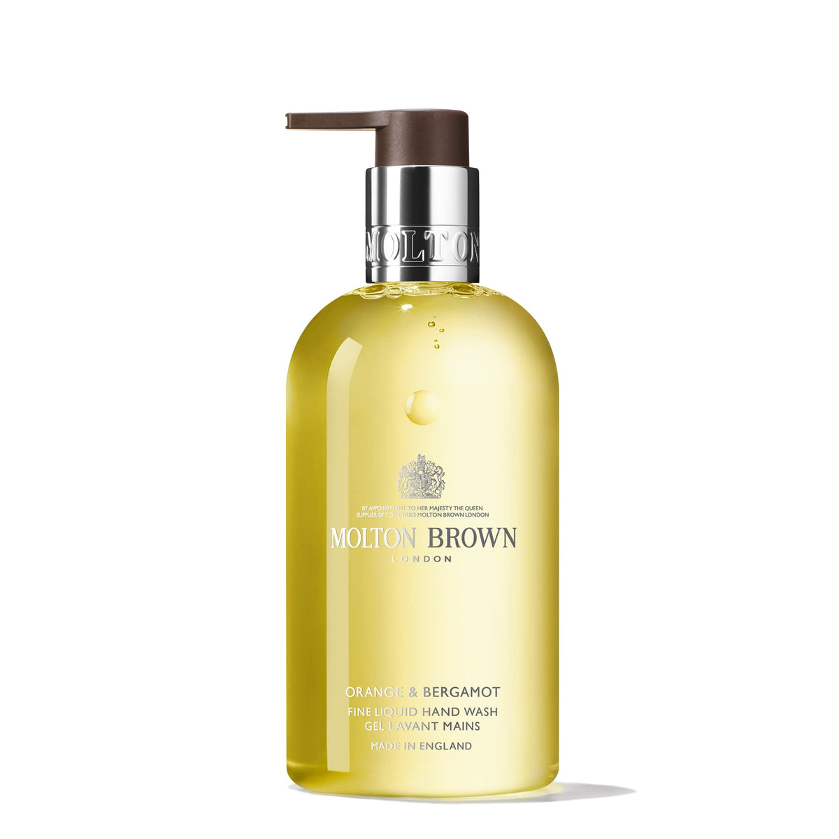 Molton Brown orange-bergamot hand wash bottle front showcasing premium citrus fragrance for daily cleansing.