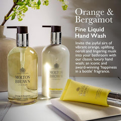 Molton Brown orange-bergamot hand wash bottle pump highlighting easy dispensing and luxurious scent.