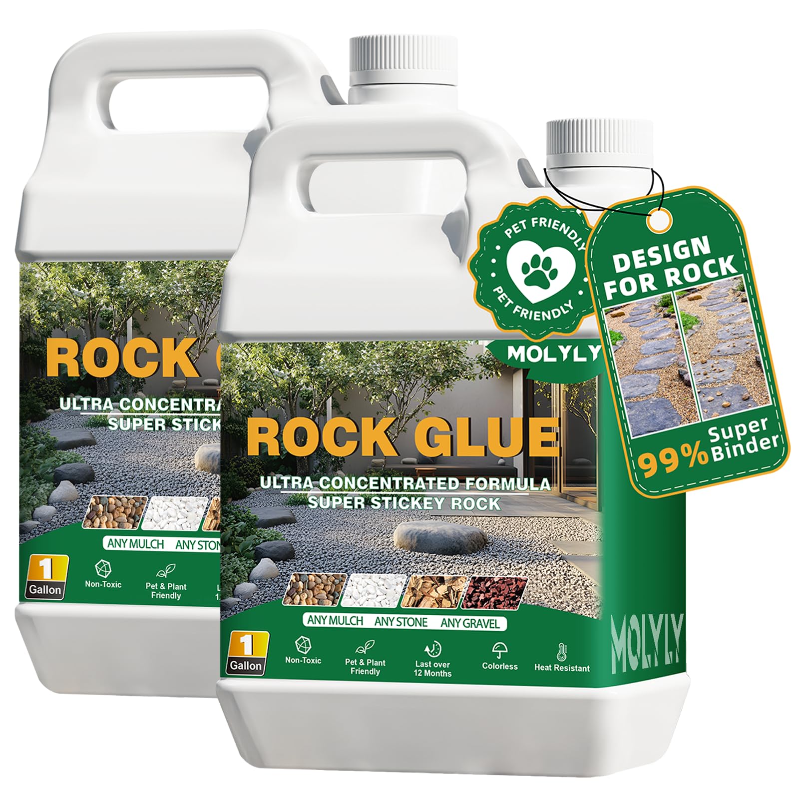 MOLYLY Rock Glue bottle in a garden scene for effortless landscape bonding.