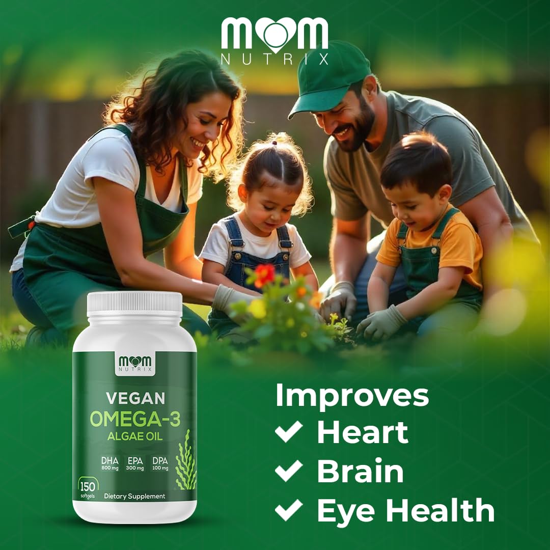 MOM Nutrix illustration displaying 800 mg DHA, 300 mg EPA, 100 mg DPA per serving.