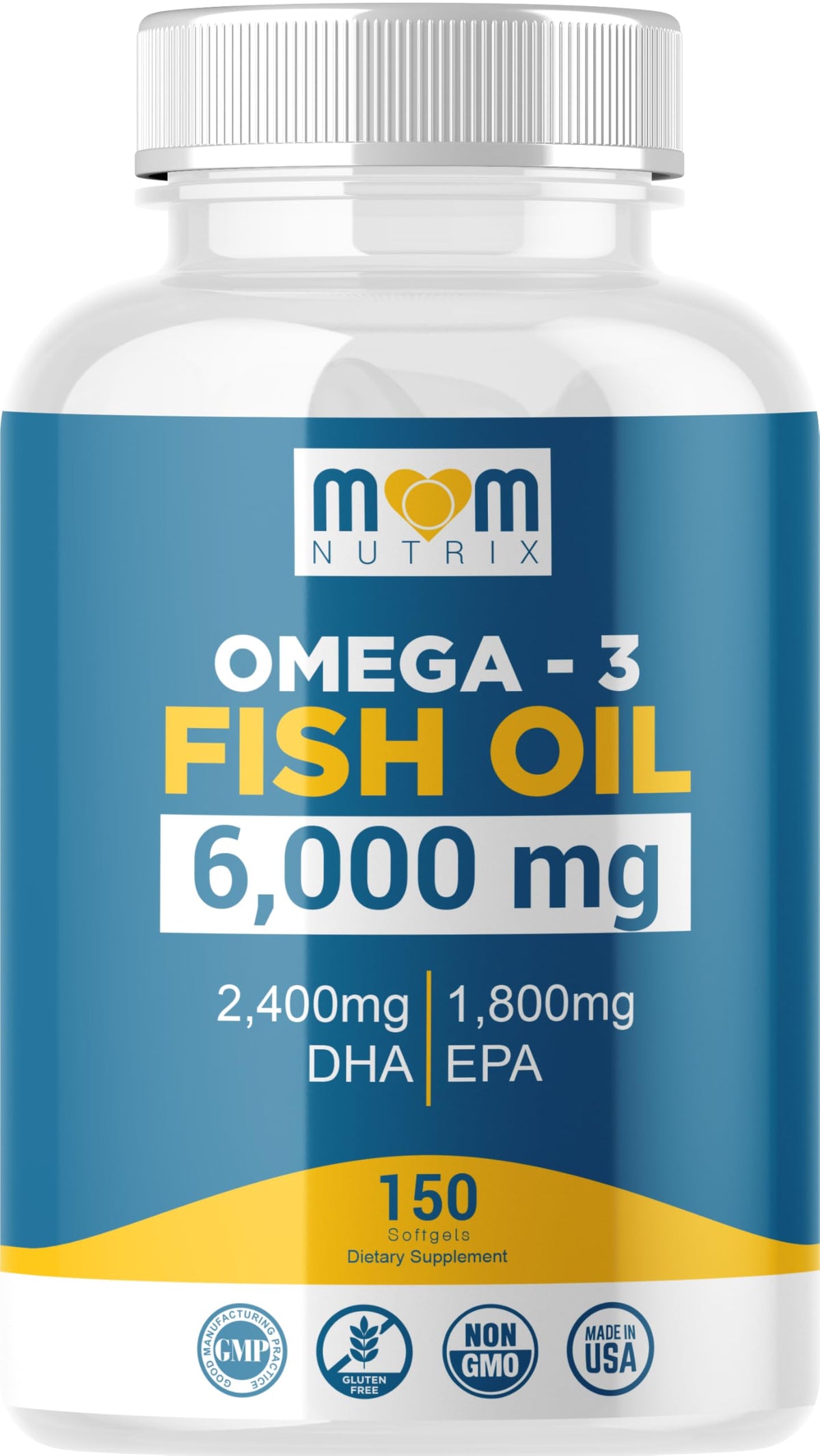 MOM NUTRIX Omega 3 bottle front with maximum EPA/DHA for heart and brain support
