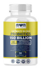 MOM NUTRIX probiotic bottle with 150 billion CFU supports digestive balance.