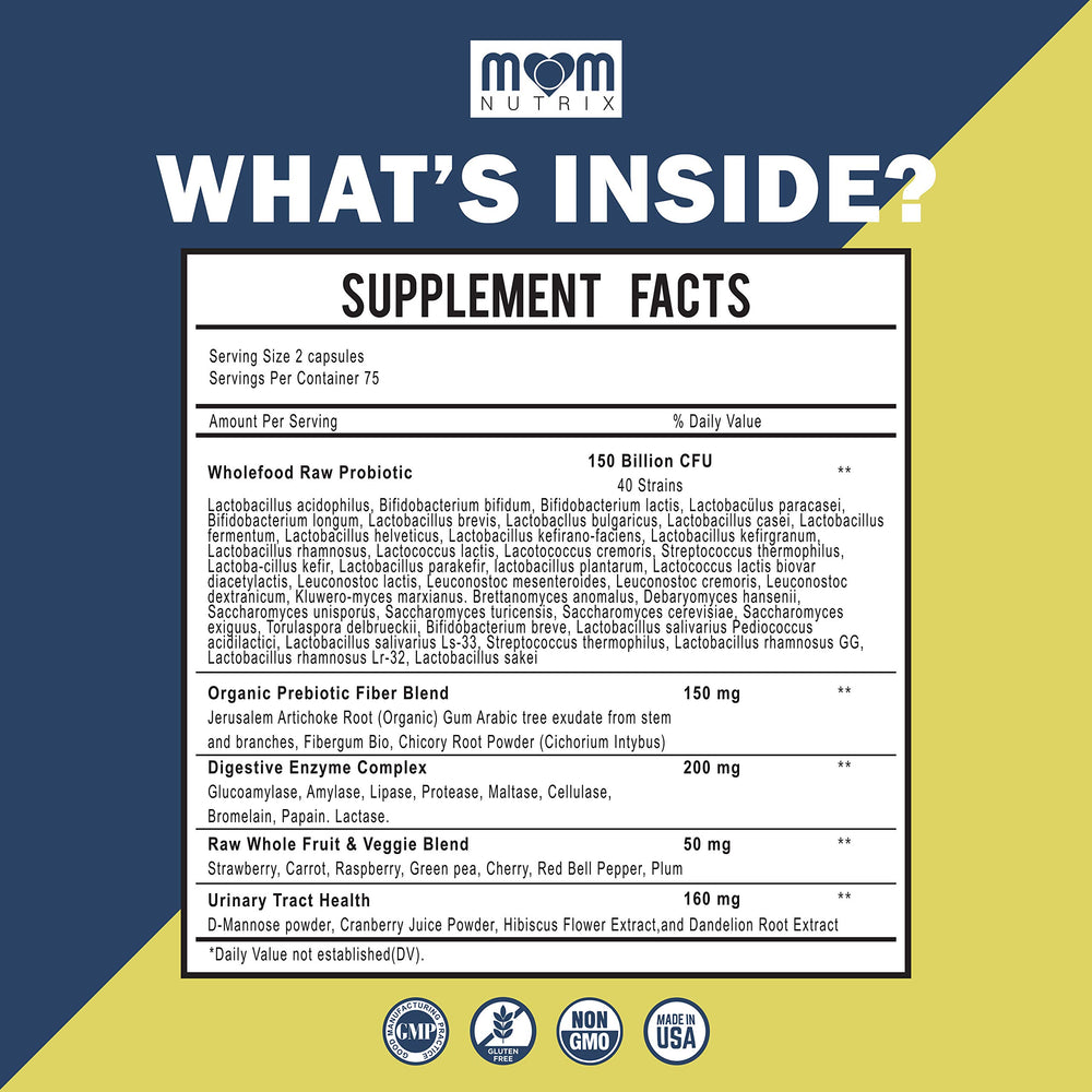 MOM NUTRIX capsules feature 40 strains for broader gut health and immune support.