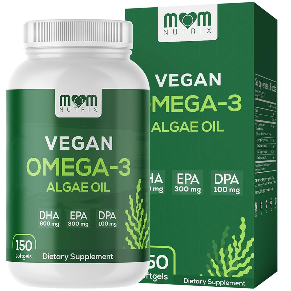 MOM Nutrix vegan omega-3 algae oil bottle for plant-based heart, brain, and vision support.