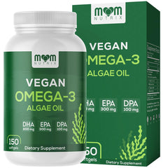 MOM Nutrix vegan omega-3 algae oil bottle for plant-based heart, brain, and vision support.