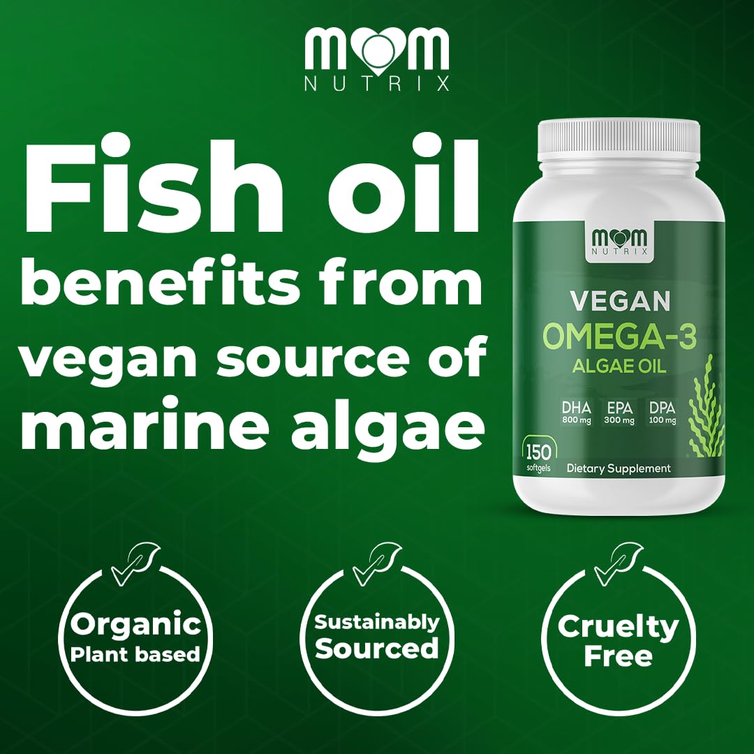 MOM Nutrix vegan omega-3 softgels close-up highlighting DHA EPA DPA for daily wellness.