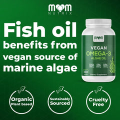 MOM Nutrix vegan omega-3 softgels close-up highlighting DHA EPA DPA for daily wellness.