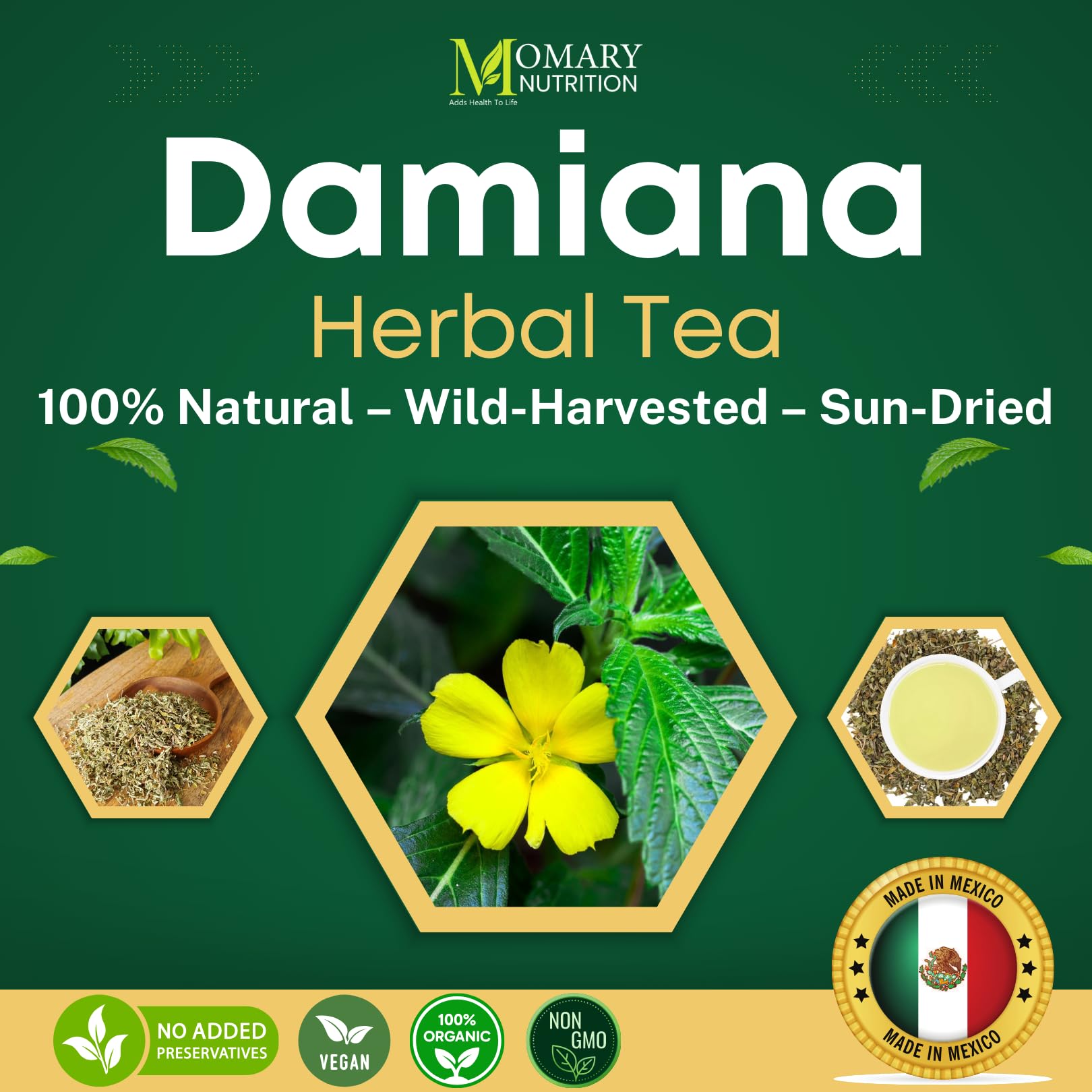 MOMARY NUTRITION Damiana tea cup brew highlighting aromatic, smooth flavor.