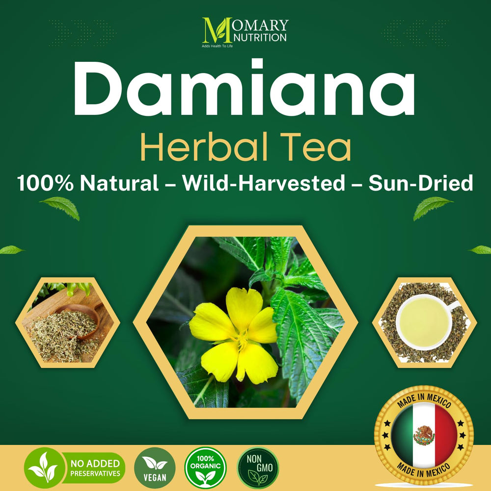 MOMARY NUTRITION Damiana tea cup brew highlighting aromatic, smooth flavor.