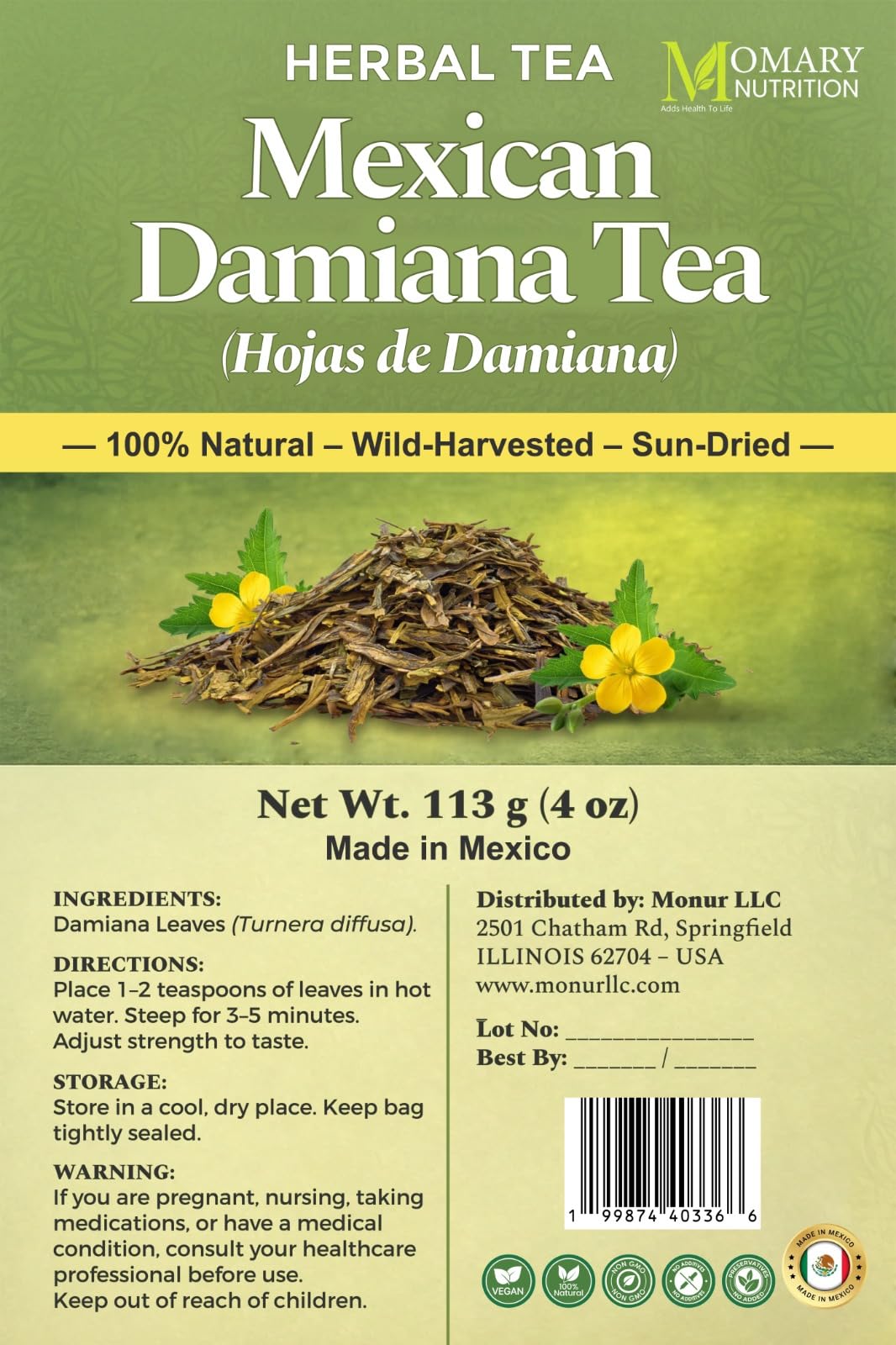 MOMARY NUTRITION Loose-leaf Damiana tea for hot or iced infusions.