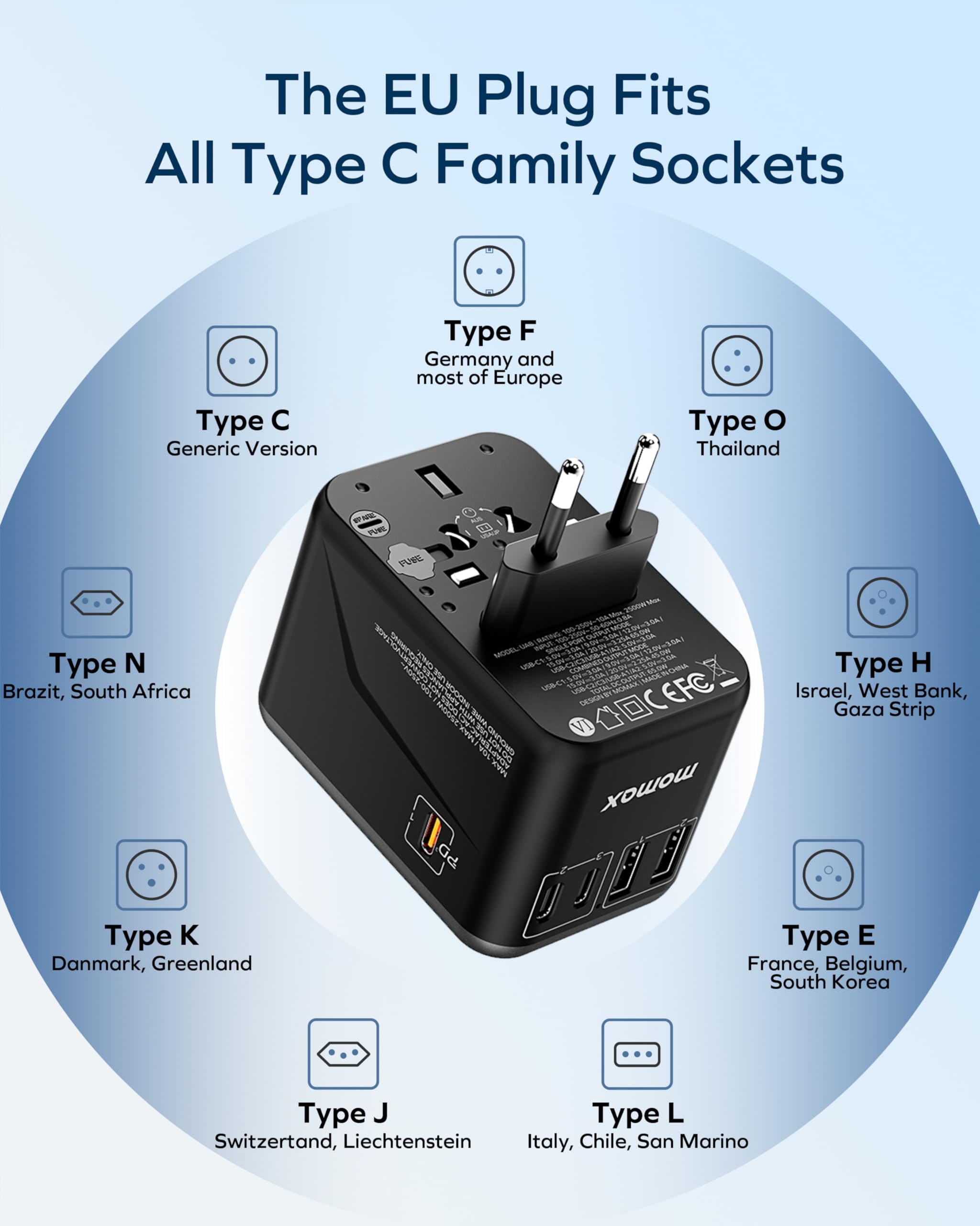 MOMAX compact travel adapter in-use highlights portable convenience for frequent travelers