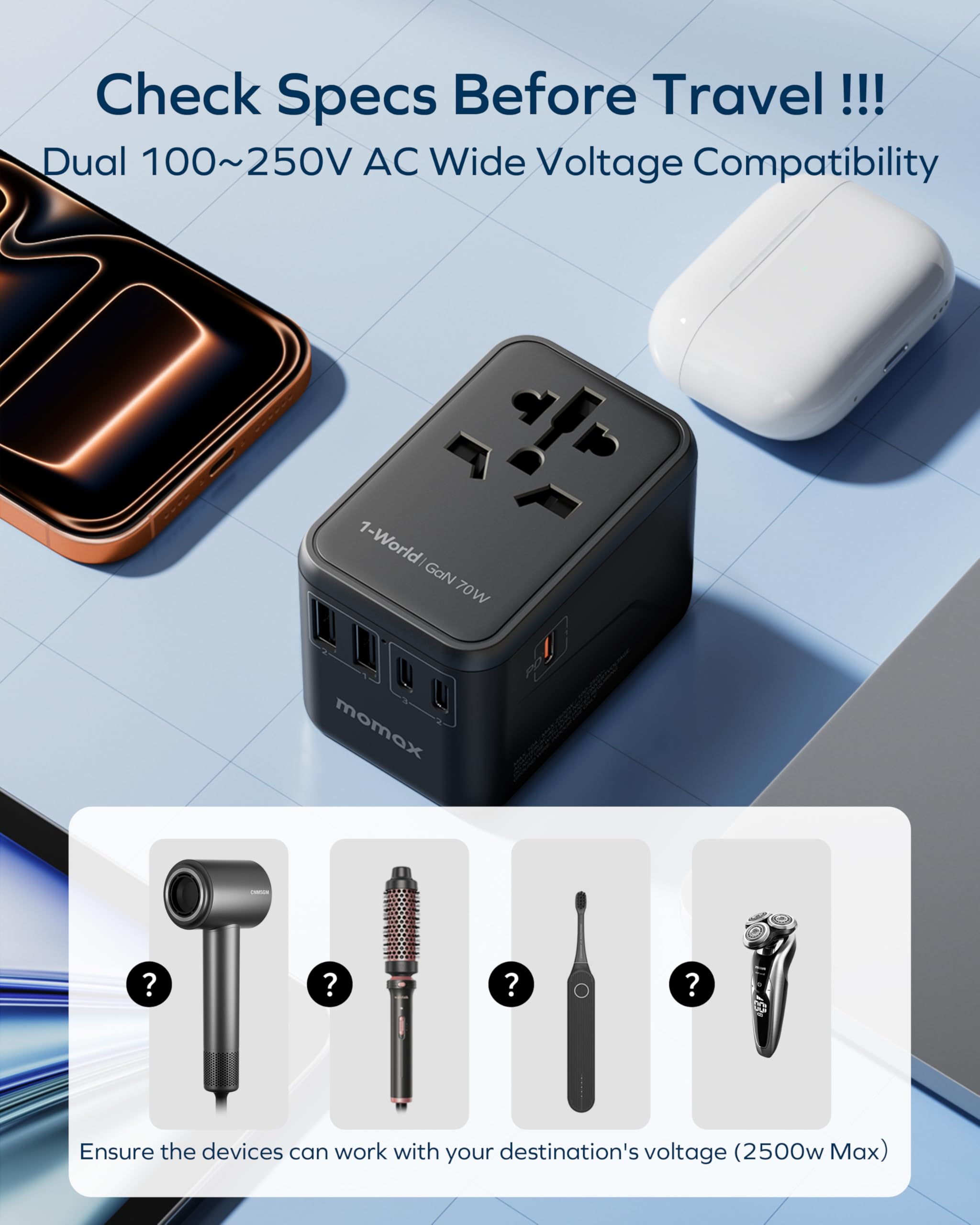 MOMAX travel-adapter-ready-for-luggage conveys airline-friendly compact design for packing
