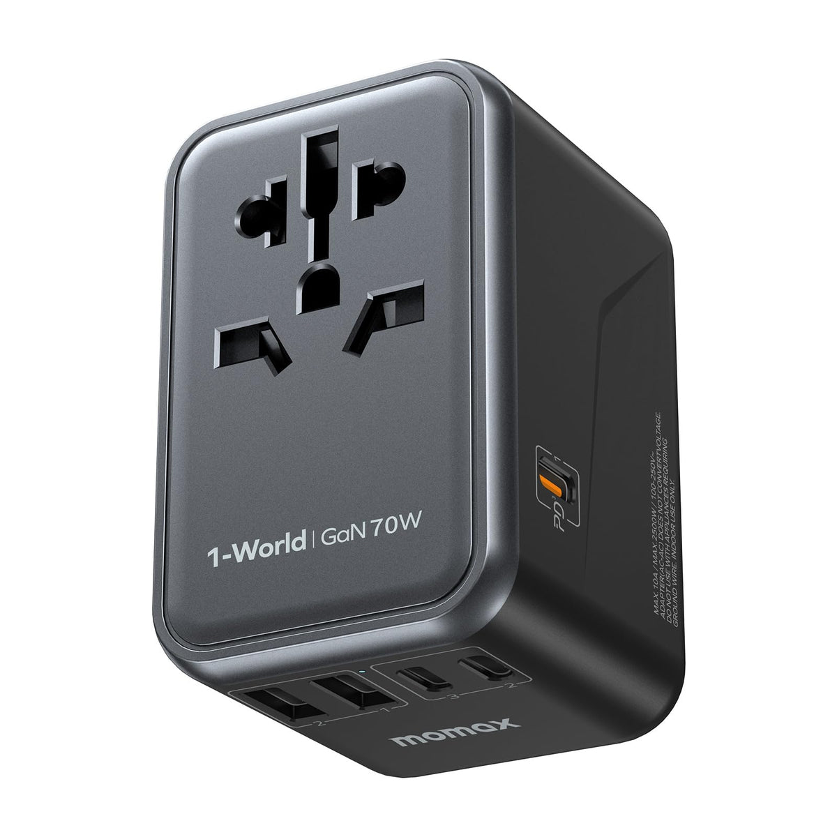MOMAX universal travel adapter front view enables fast charging on the go