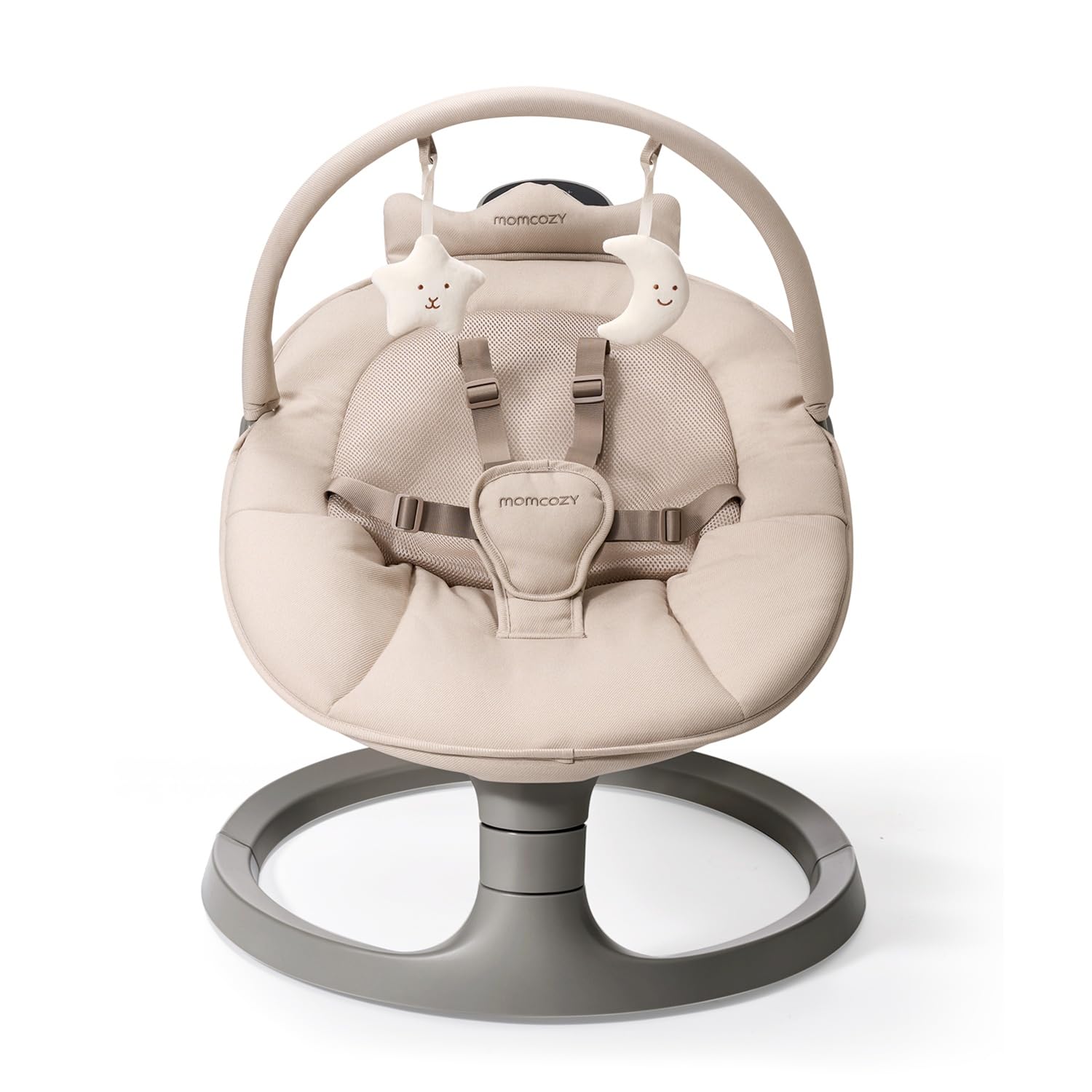 Momcozy 2-in-1 electric baby swing in khaki with versatile motions for calming babies