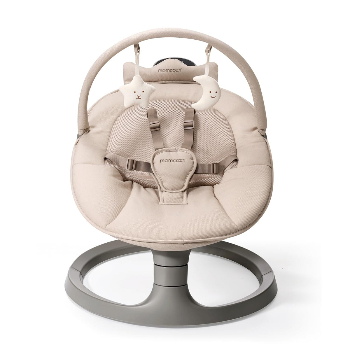 Momcozy 2-in-1 electric baby swing in khaki with versatile motions for calming babies