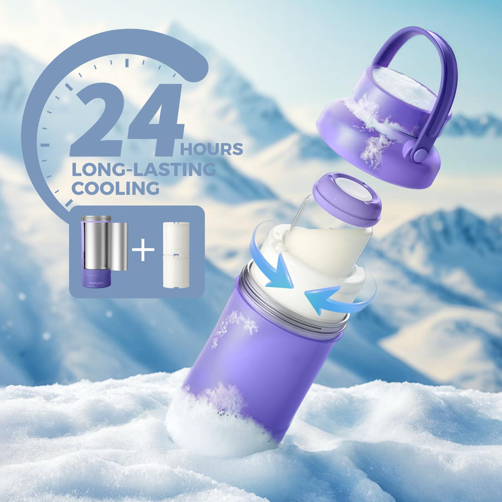 Momcozy 360-degree cooling technology image highlights constant cold temperature preservation