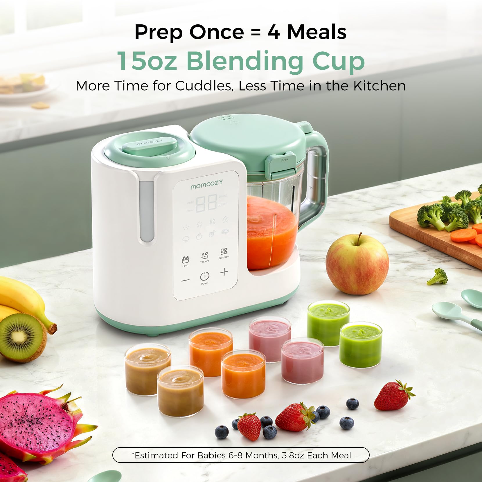 Momcozy AutoMeal self-clean mode showing effortless cleanup after meals.