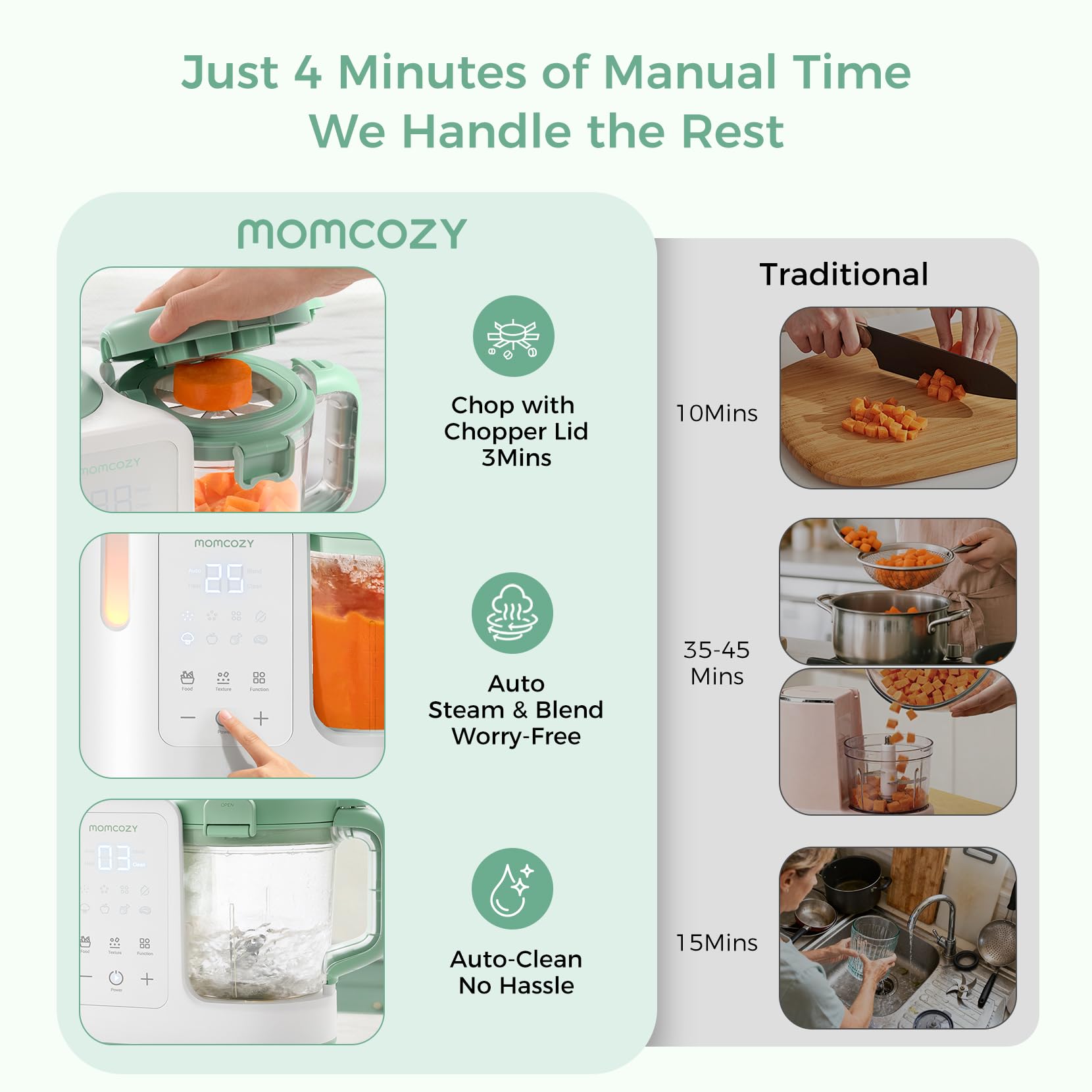 Momcozy AutoMeal steam cycle shows gentle, even cooking for delicate ingredients.