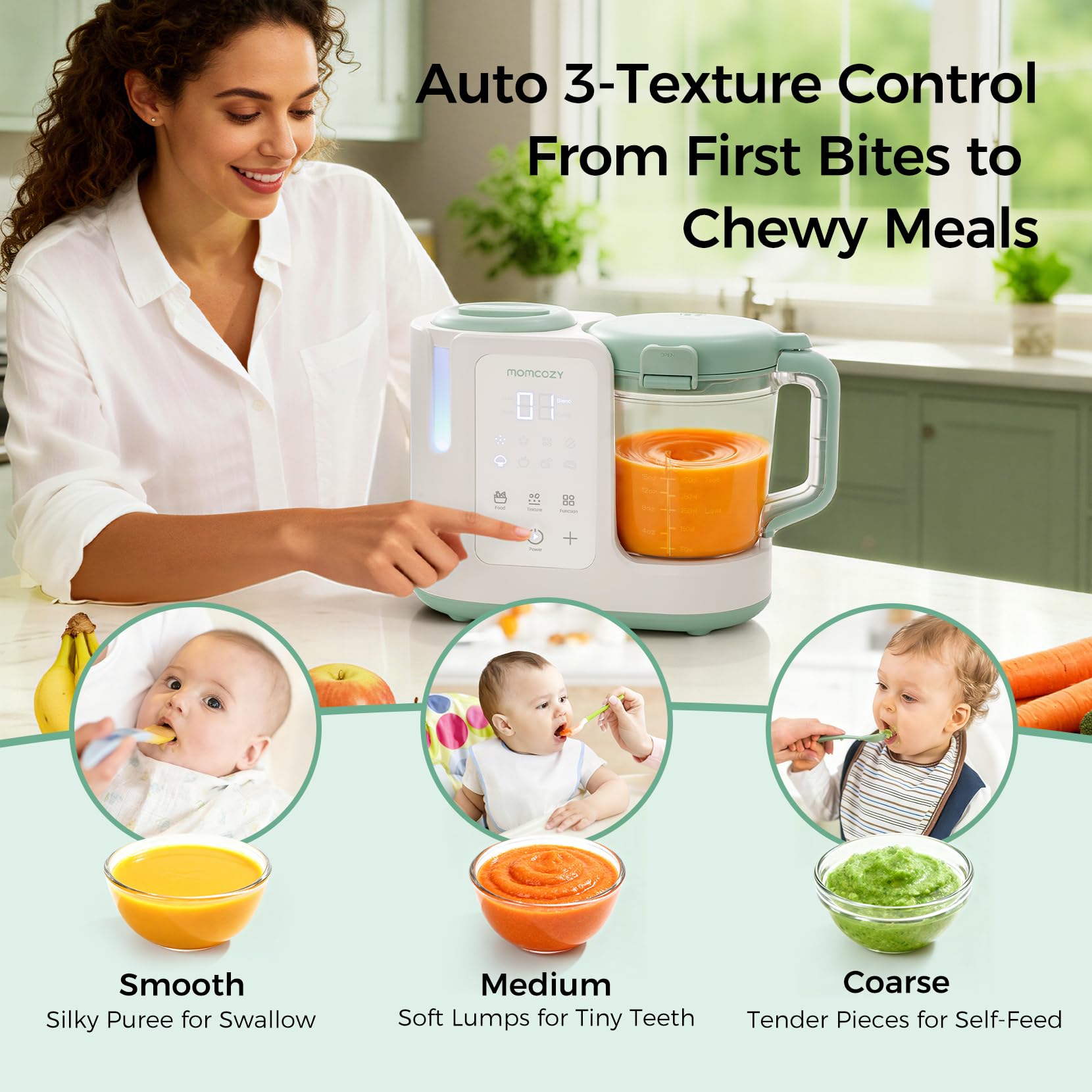 Momcozy AutoMeal texture control highlights smooth to chunky options for stages.