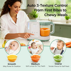 Momcozy AutoMeal texture control highlights smooth to chunky options for stages.