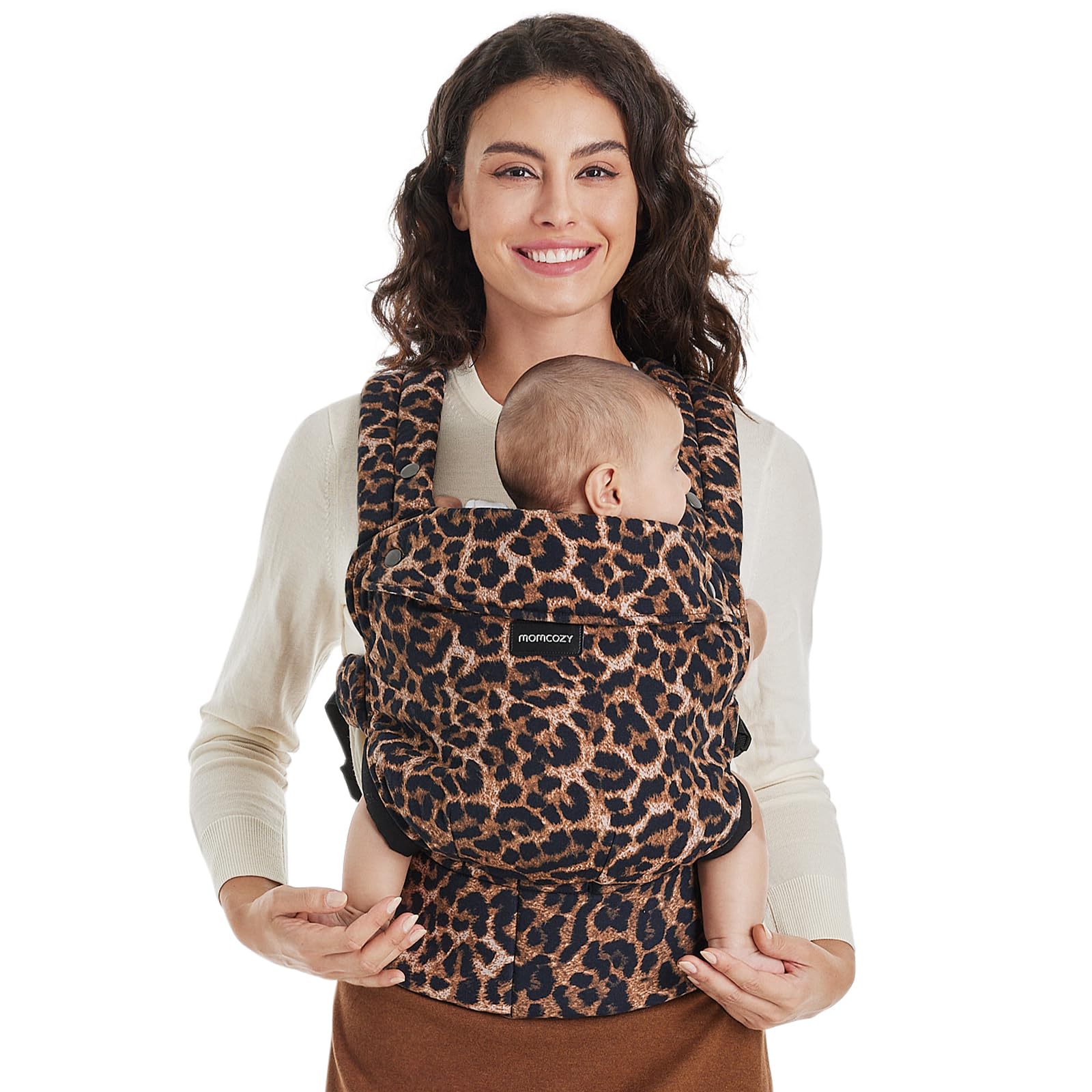 Momcozy baby carrier leopard wear showcases hands-free comfort for daily outings.