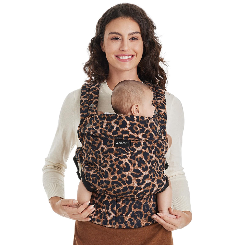 Momcozy baby carrier leopard wear showcases hands-free comfort for daily outings.