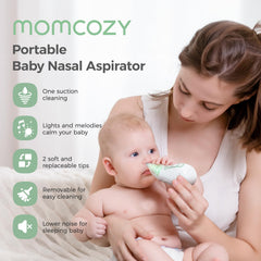 Momcozy baby nasal aspirator side view highlights portable slim design.