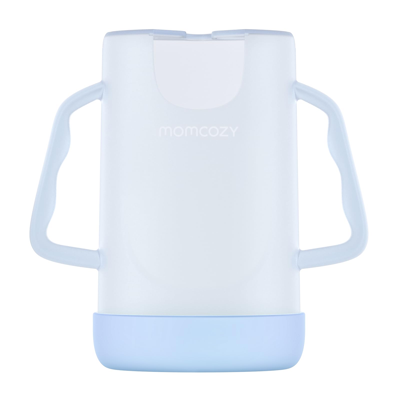 Momcozy no-squeeze pouch holder blue shown with a pouch for mess-free feeding