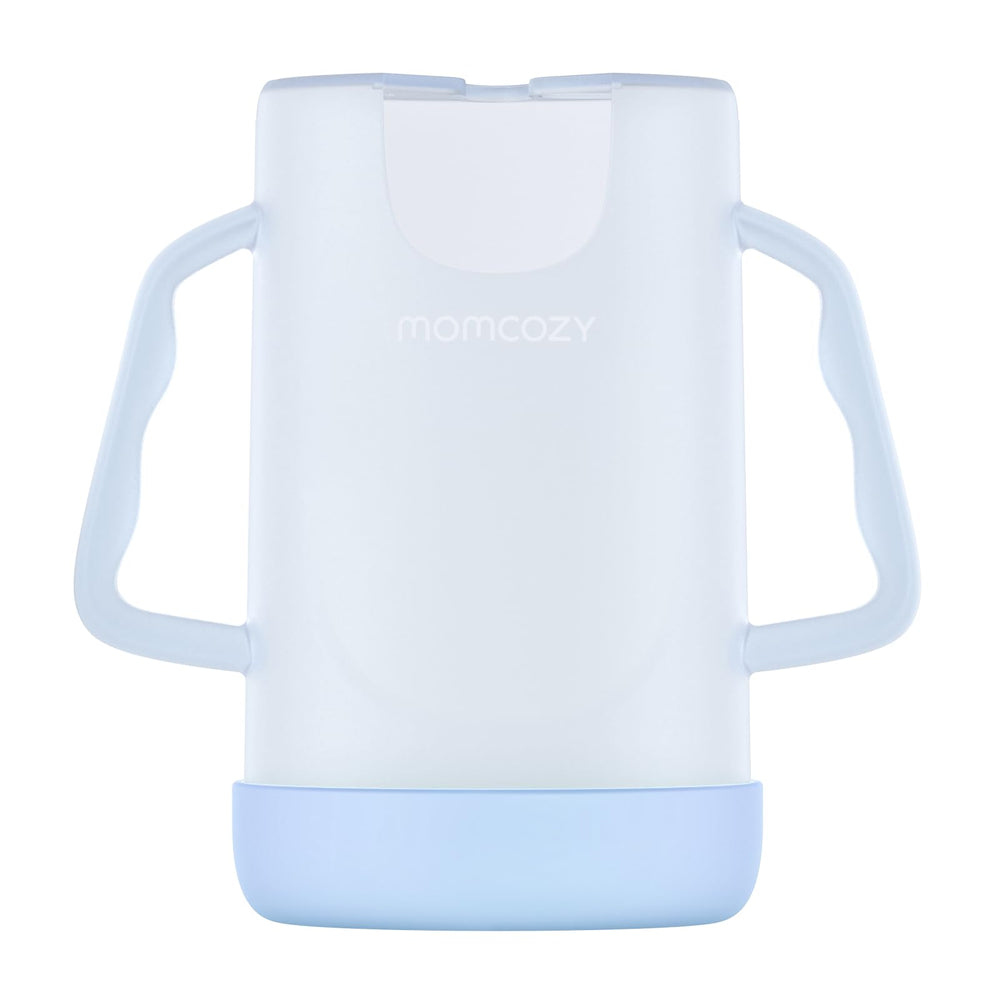 Momcozy no-squeeze pouch holder blue shown with a pouch for mess-free feeding