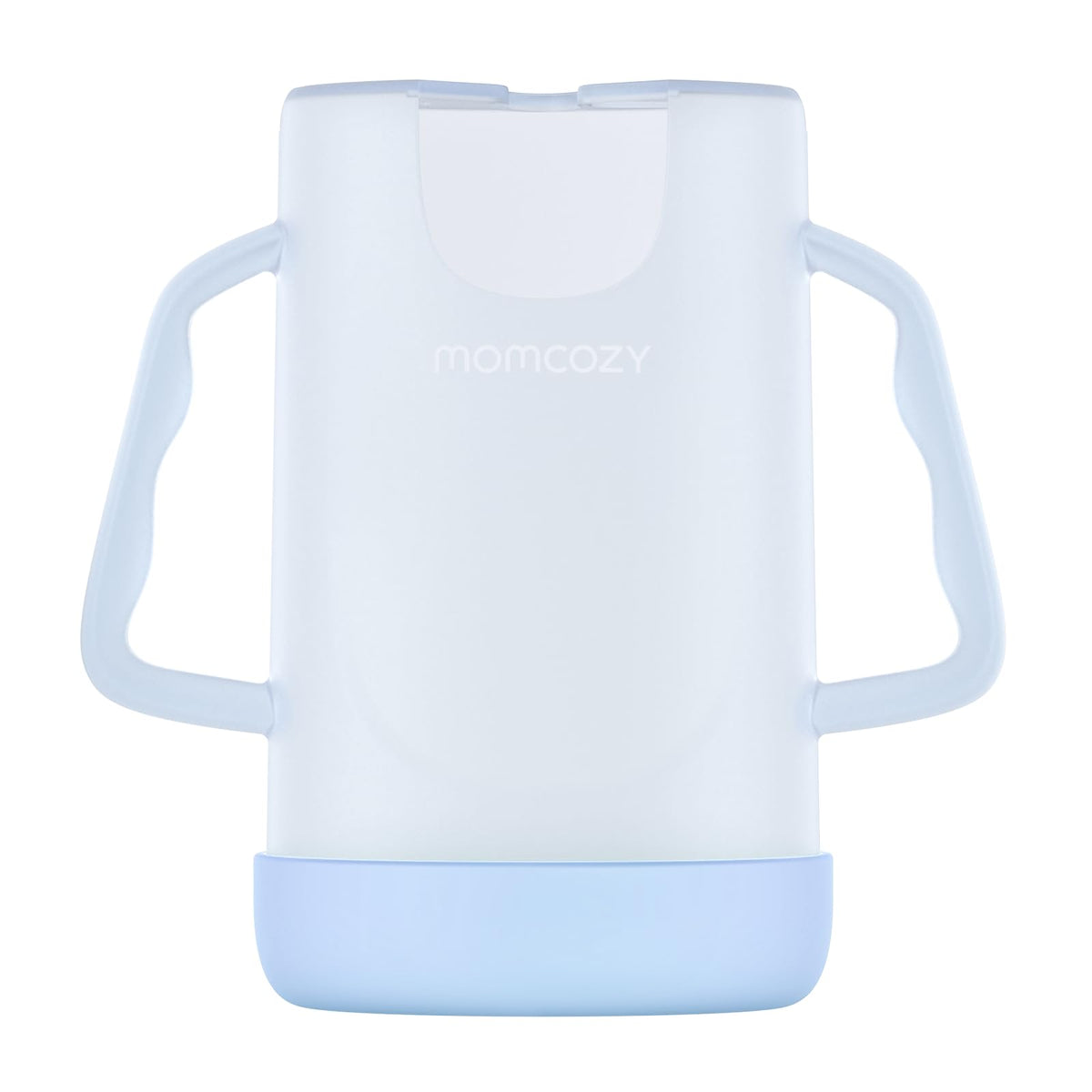 Momcozy no-squeeze pouch holder blue shown with a pouch for mess-free feeding