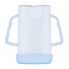 Momcozy no-squeeze pouch holder blue shown with a pouch for mess-free feeding