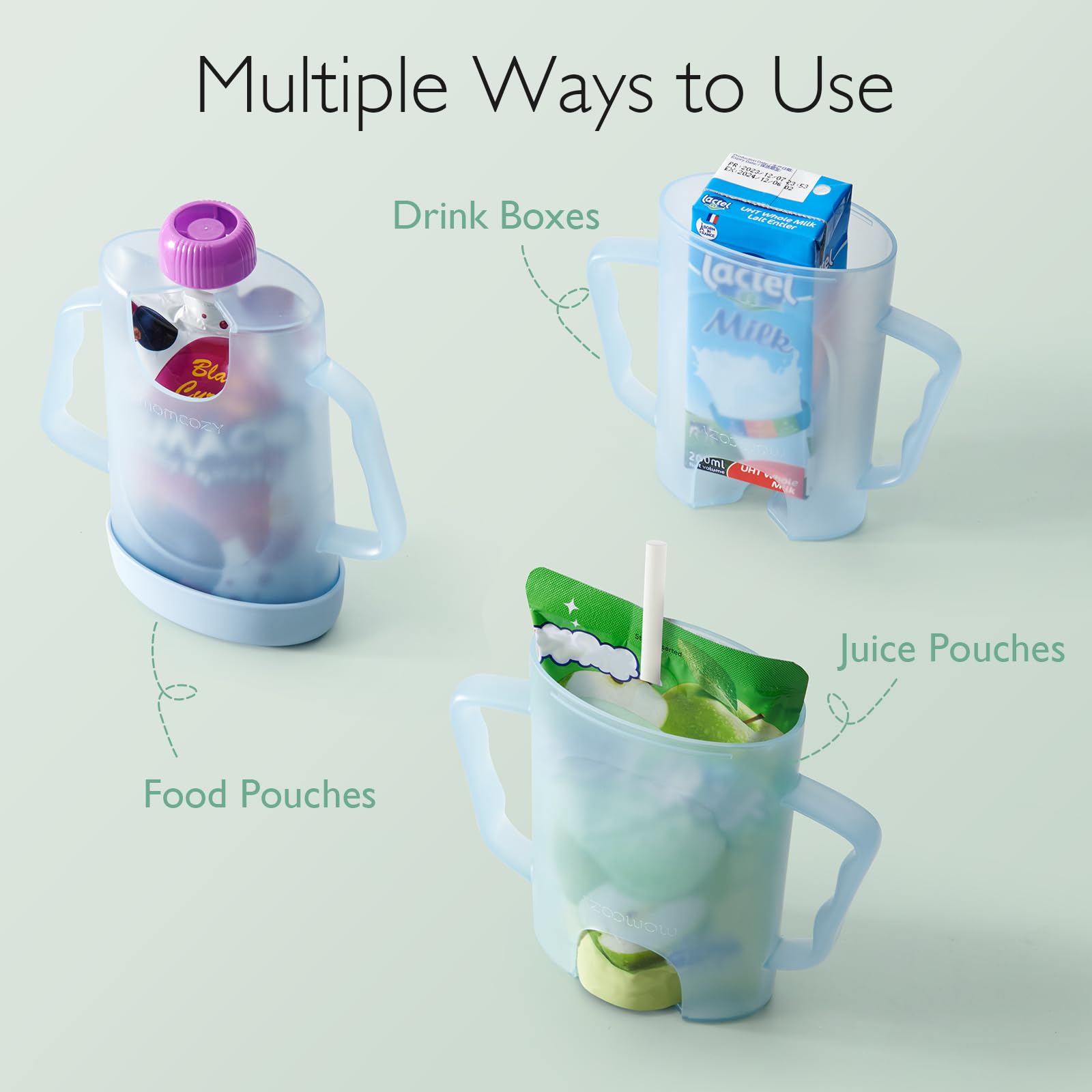 Blue Momcozy pouch holder secures a juice box for easy grip