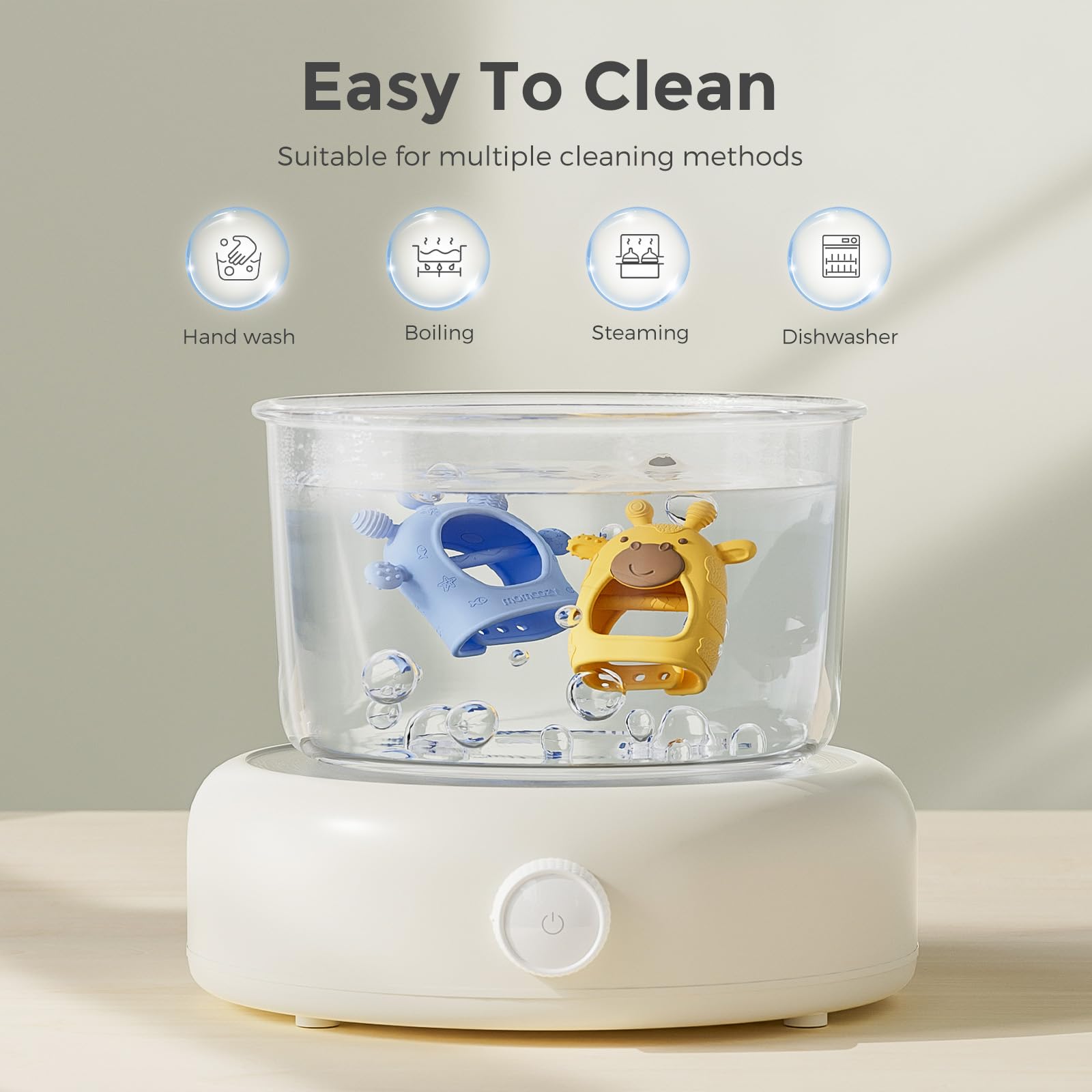 Momcozy teether is dishwasher and steam safe for quick hygiene.