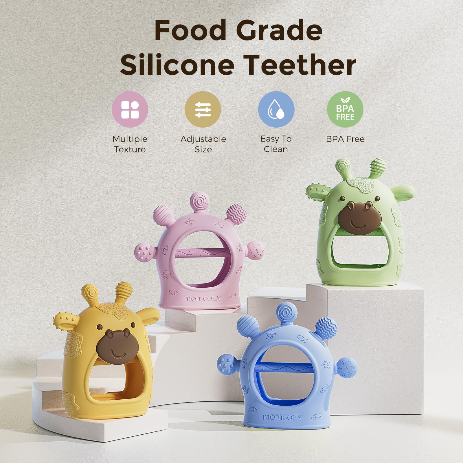 Momcozy teether with multiple textures for gentle teething relief.