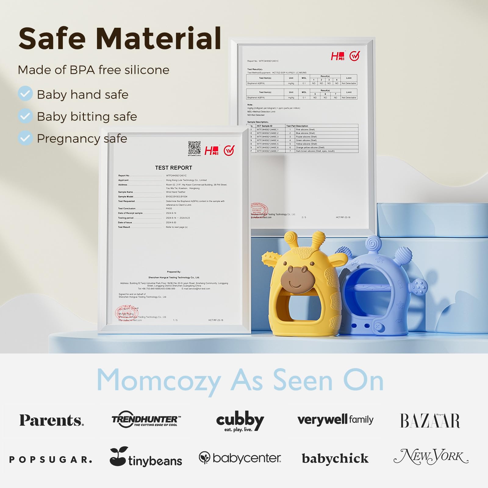 Momcozy teether packaging varies; ships with two color options.