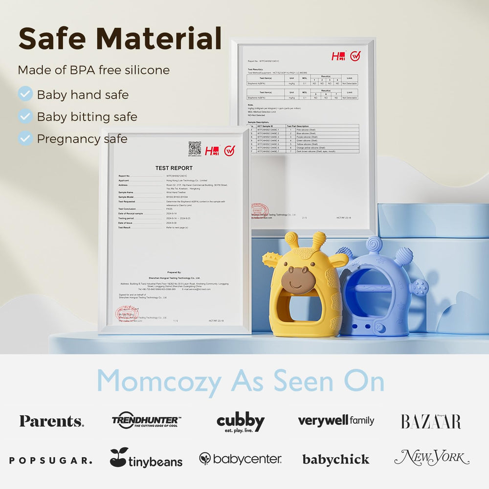 Momcozy teether packaging varies; ships with two color options.
