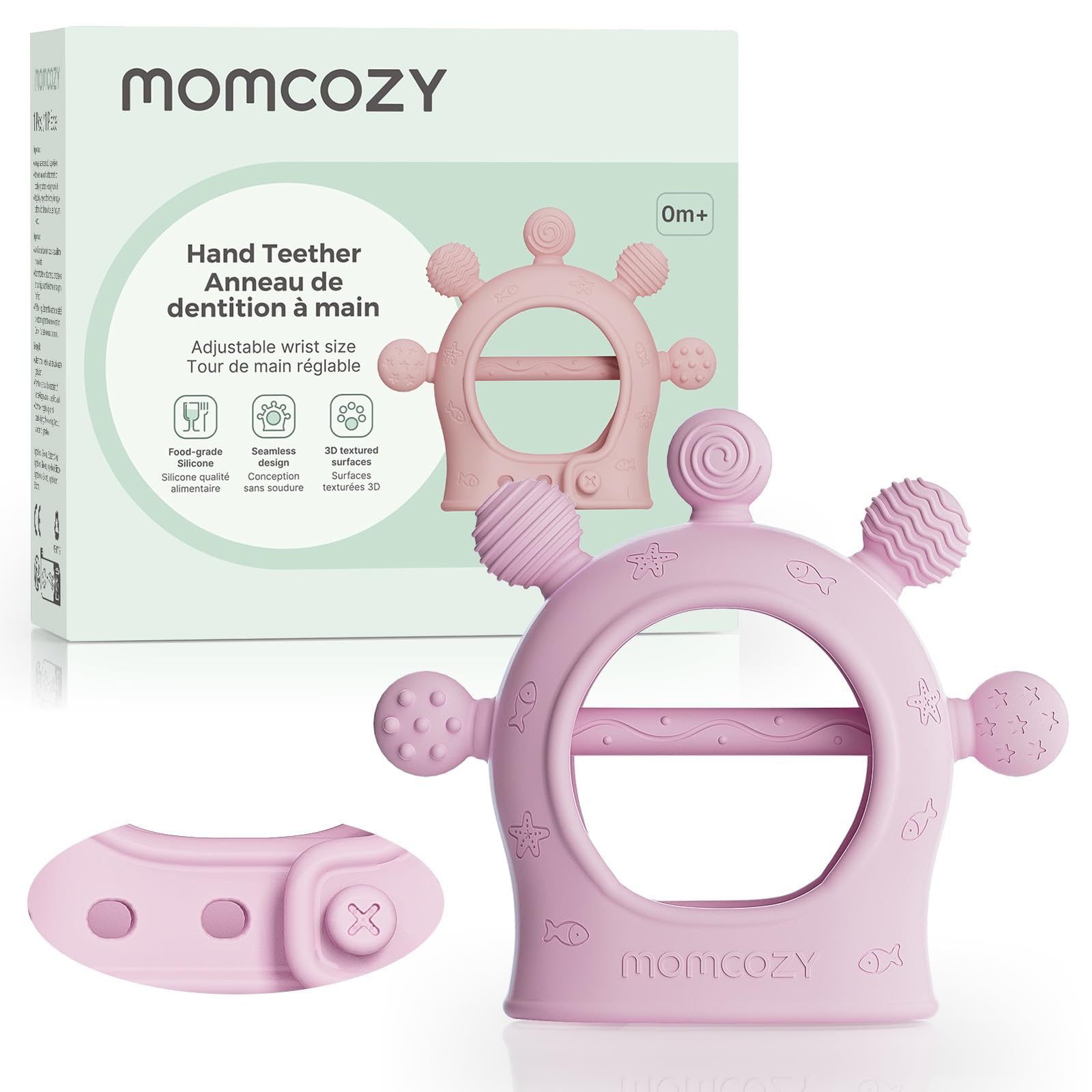 Momcozy baby teether pink closeup with textured surface for gentle gum relief.