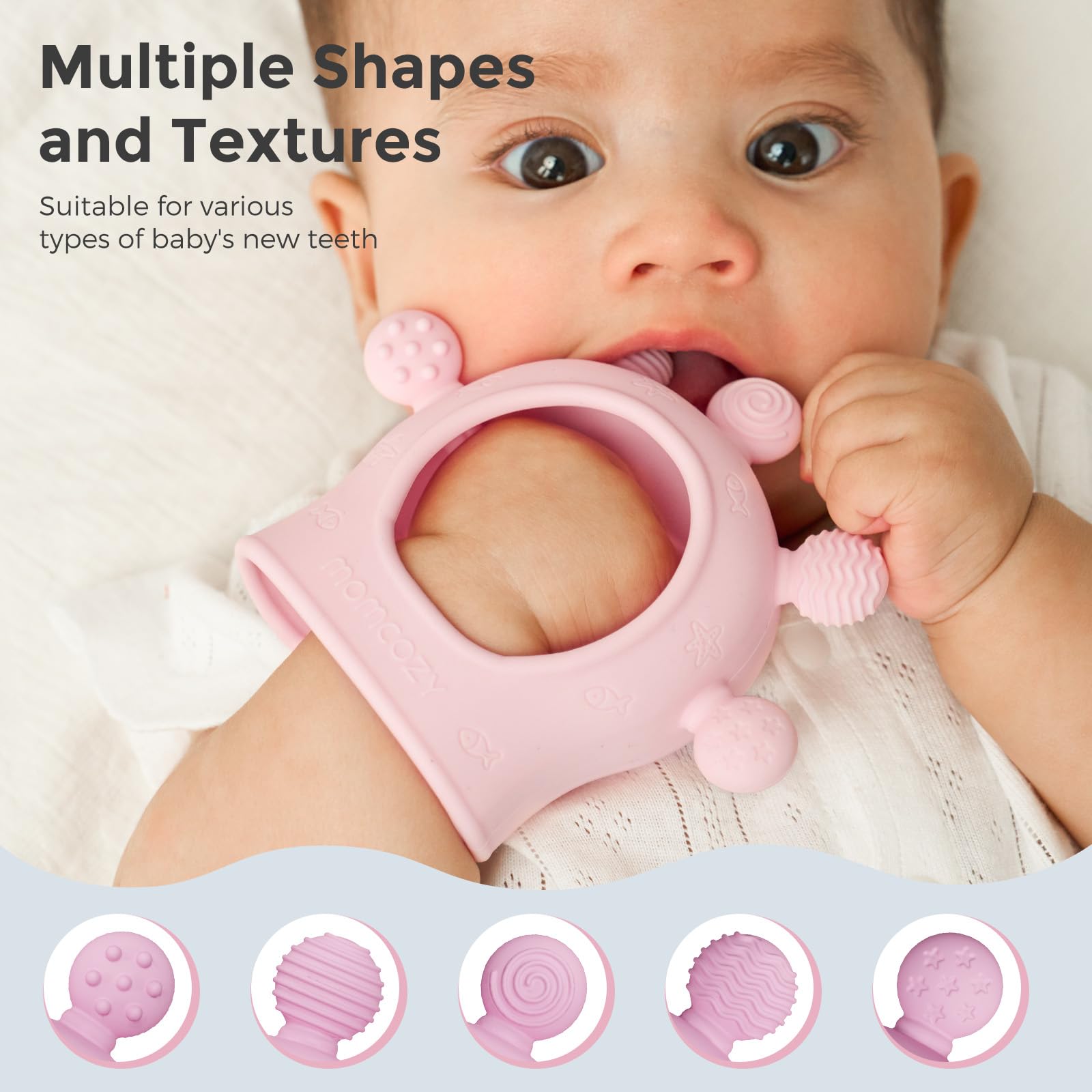 Momcozy pink silicone teether BPA-free and odor-free.