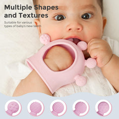 Momcozy pink silicone teether BPA-free and odor-free.